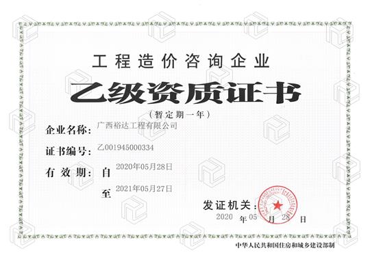 开拓新业务  喜获新资质  ——大发集团有限公司
喜获工程造价咨询企业乙级资质（暂定一年）
